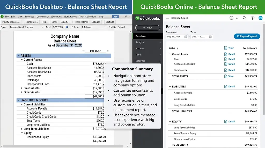 Side by side balance sheet comparison QuickBooks Desktop and Online
