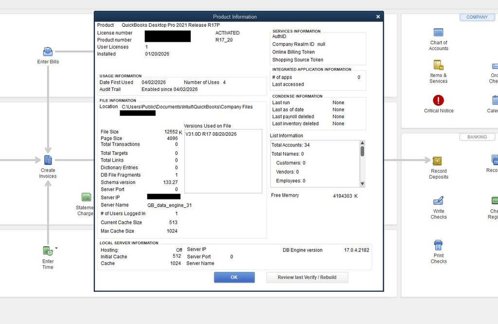 QuickBooks Desktop F2 Product Information screen showing total targets