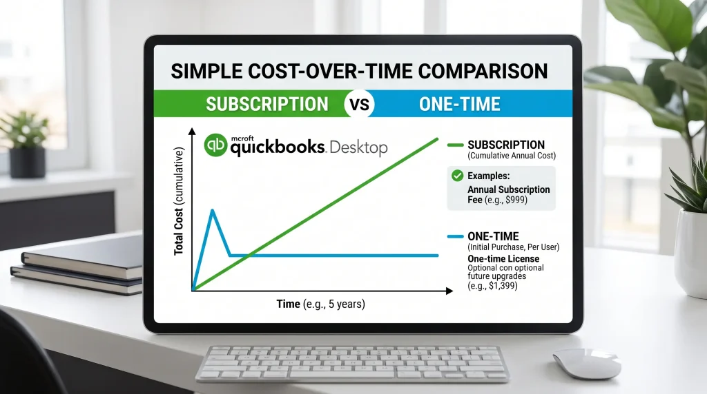 Cost comparison of QuickBooks Desktop subscription versus one-time license